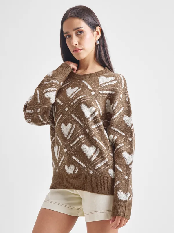 Tokyo Talkies Women Brown Round Neck Sweater