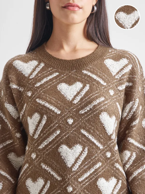 Tokyo Talkies Women Brown Round Neck Sweater