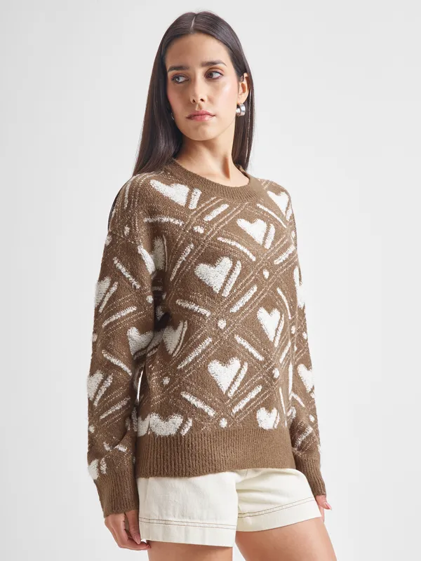 Tokyo Talkies Women Brown Round Neck Sweater