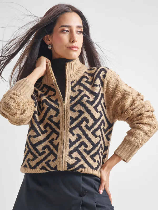 Tokyo Talkies Women Beige High Neck Sweater