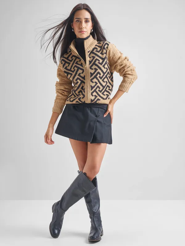 Tokyo Talkies Women Beige High Neck Sweater