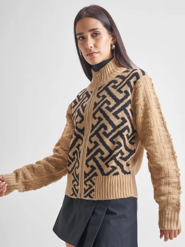 Tokyo Talkies Women Beige High Neck Sweater