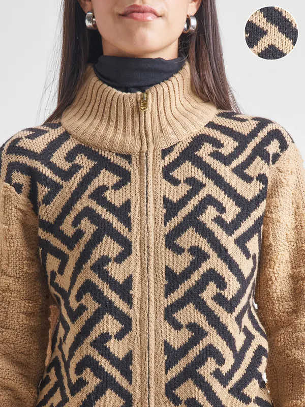 Tokyo Talkies Women Beige High Neck Sweater