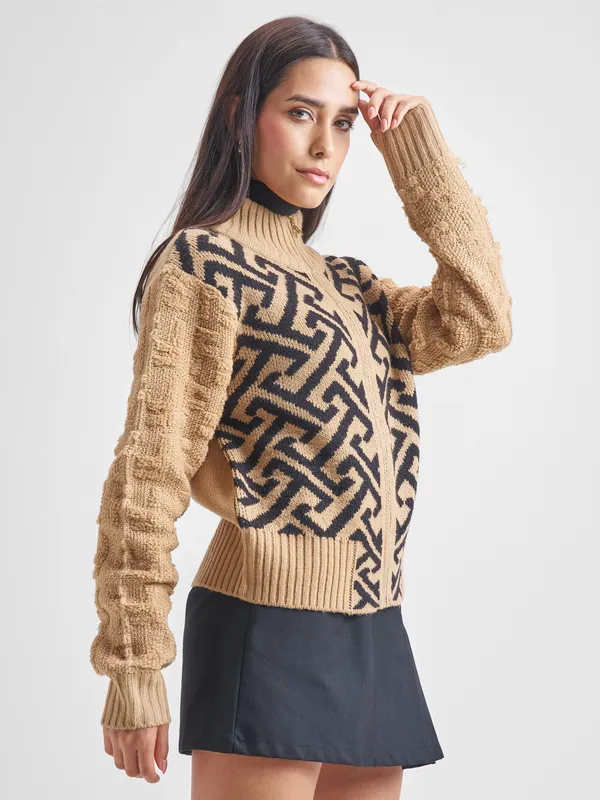 Tokyo Talkies Women Beige High Neck Sweater