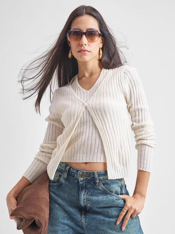 Tokyo Talkies Women Off White Round Neck Sweater