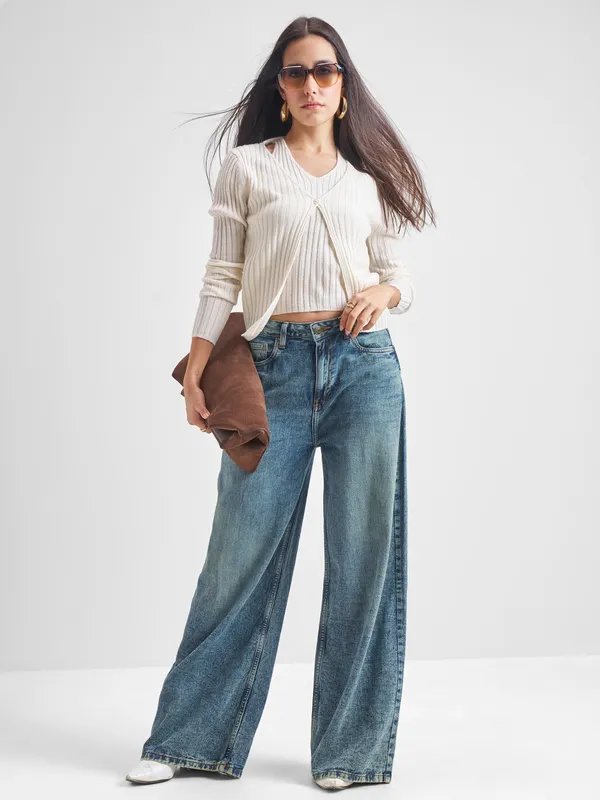 Tokyo Talkies Women Off White Round Neck Sweater