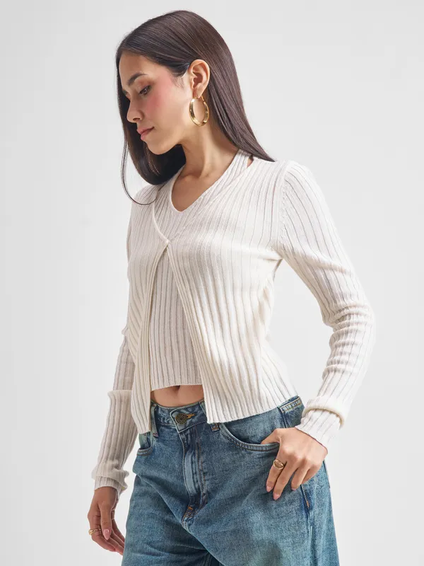 Tokyo Talkies Women Off White Round Neck Sweater