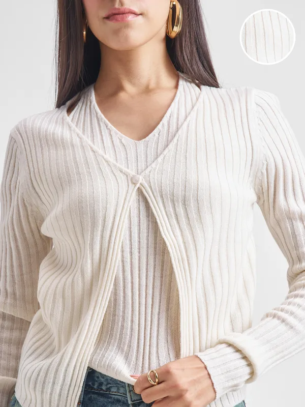 Tokyo Talkies Women Off White Round Neck Sweater