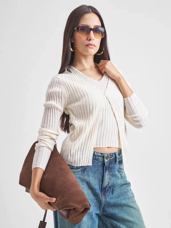 Tokyo Talkies Women Off White Round Neck Sweater