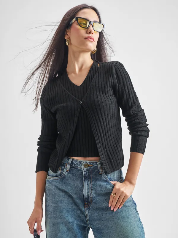 Tokyo Talkies Women Black Round Neck Sweater