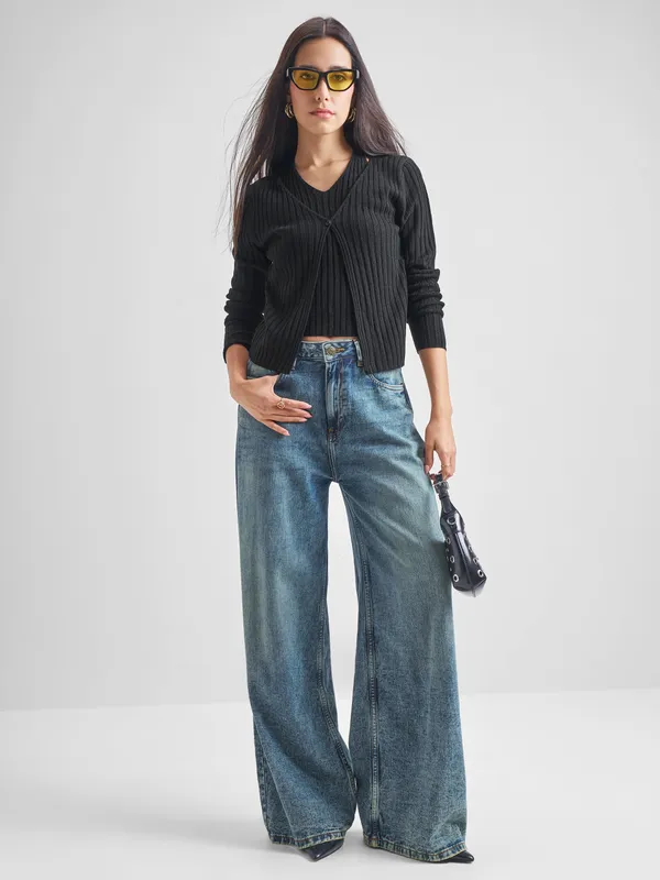 Tokyo Talkies Women Black Round Neck Sweater