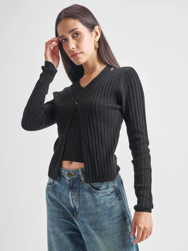 Tokyo Talkies Women Black Round Neck Sweater