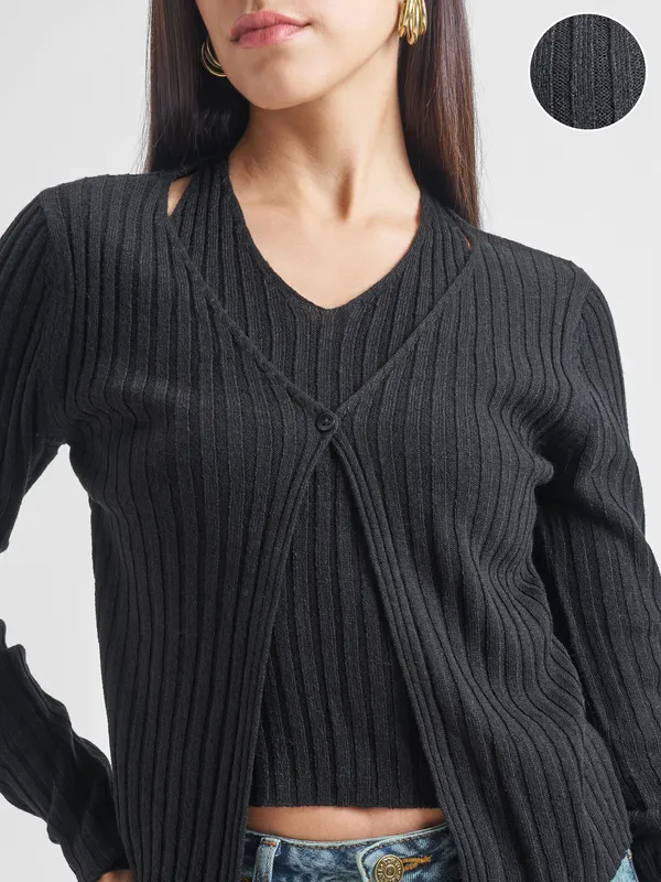 Tokyo Talkies Women Black Round Neck Sweater