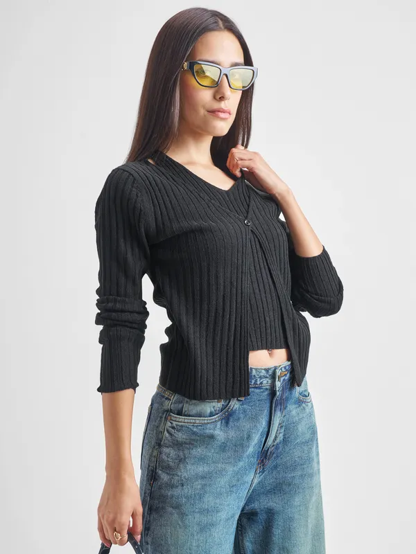 Tokyo Talkies Women Black Round Neck Sweater