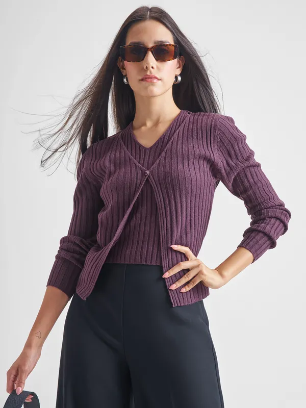 Tokyo Talkies Women Purple Round Neck Sweater