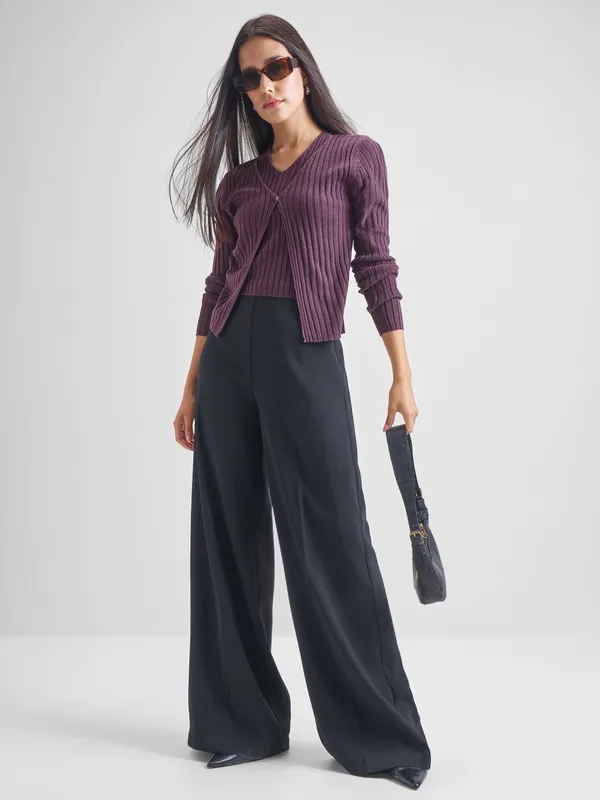 Tokyo Talkies Women Purple Round Neck Sweater