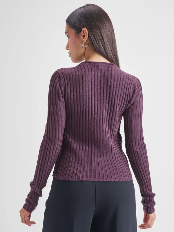 Tokyo Talkies Women Purple Round Neck Sweater