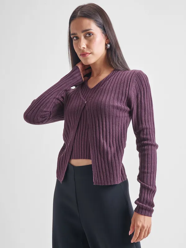 Tokyo Talkies Women Purple Round Neck Sweater