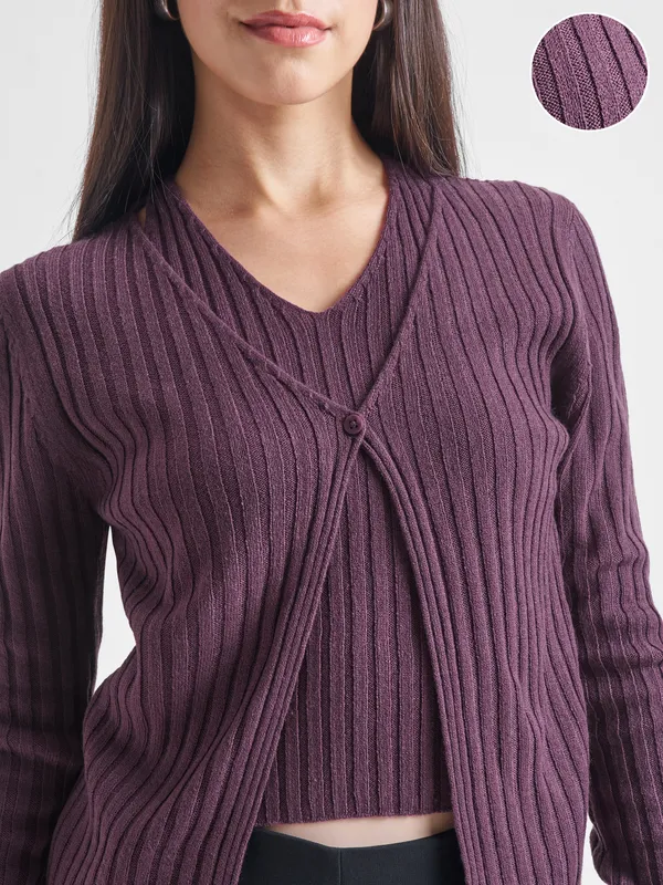 Tokyo Talkies Women Purple Round Neck Sweater