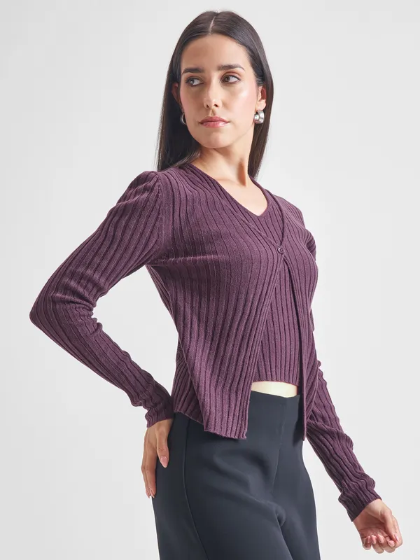 Tokyo Talkies Women Purple Round Neck Sweater