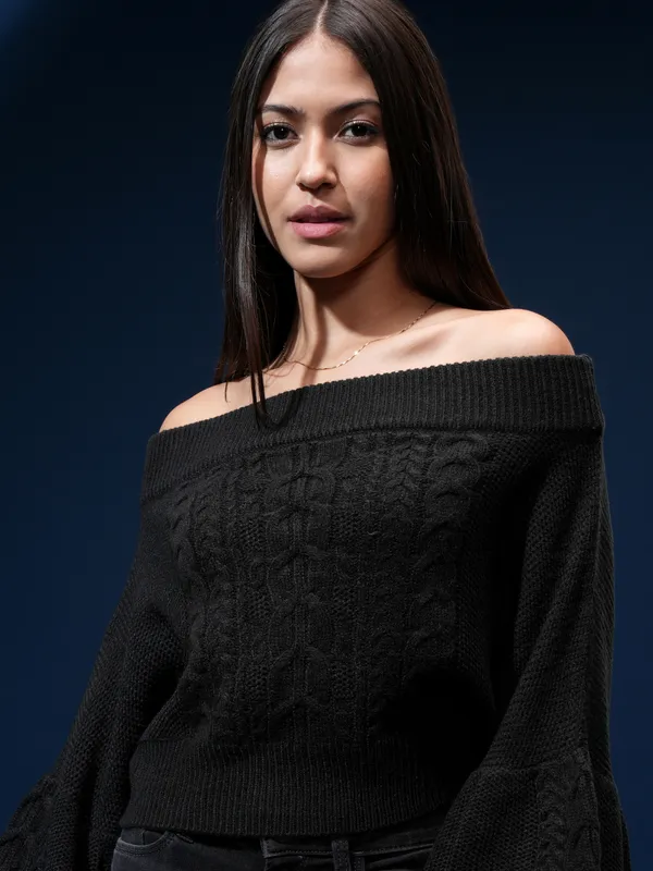 Tokyo Talkies Women Black Off Shoulder Cable Knit Sweater