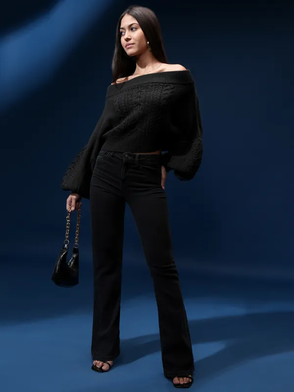 Tokyo Talkies Women Black Off Shoulder Cable Knit Sweater