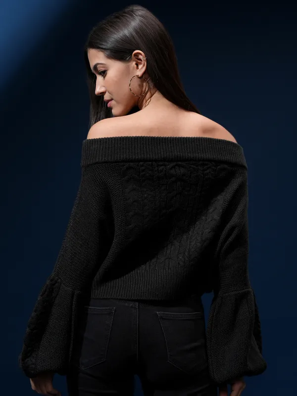 Tokyo Talkies Women Black Off Shoulder Cable Knit Sweater