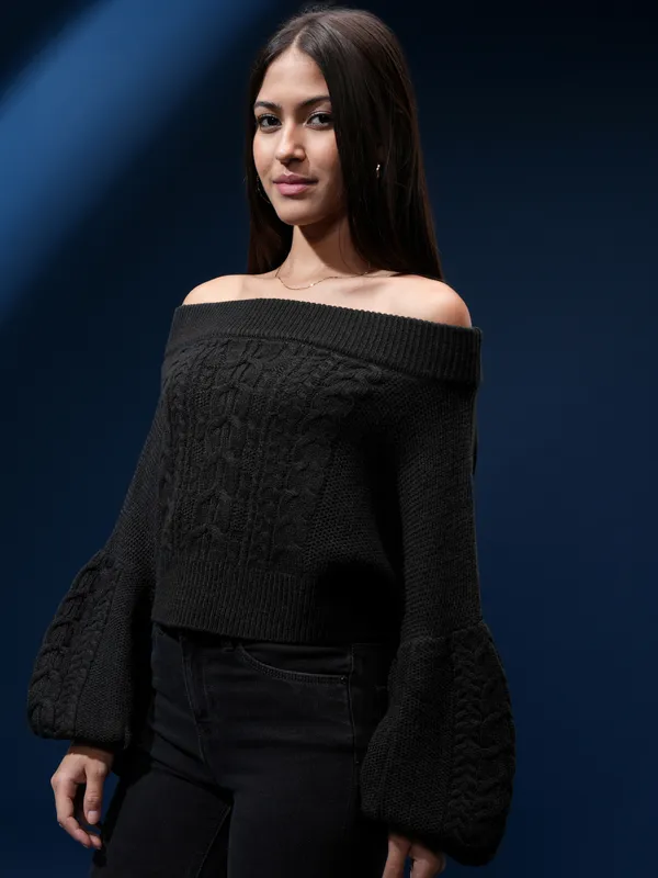 Tokyo Talkies Women Black Off Shoulder Cable Knit Sweater