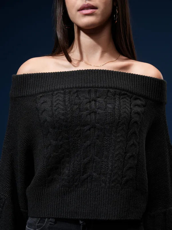 Tokyo Talkies Women Black Off Shoulder Cable Knit Sweater