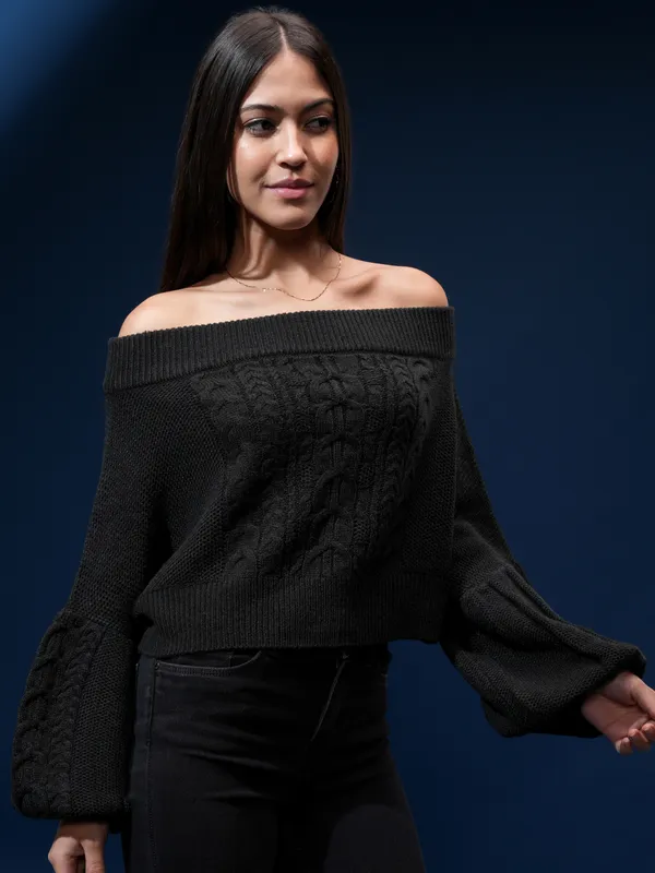 Tokyo Talkies Women Black Off Shoulder Cable Knit Sweater