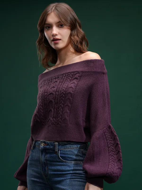 Tokyo Talies Women Purple Off-Shoulder Sweater