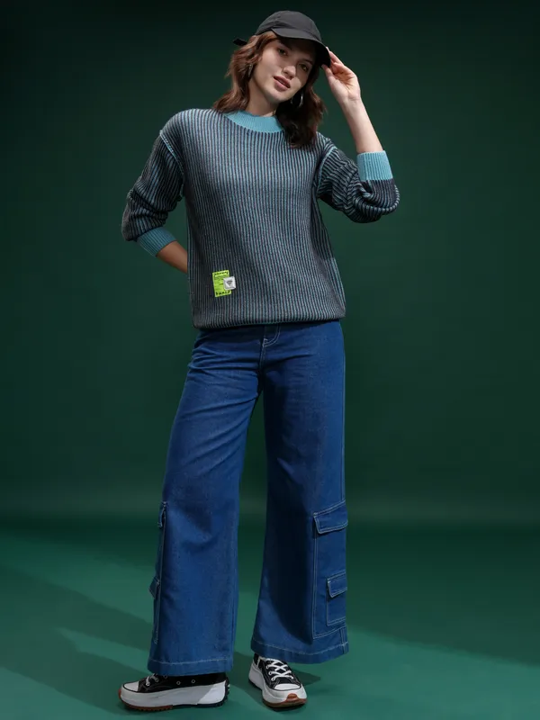 Tokyo Talies Women Charcoal Round Neck Sweater