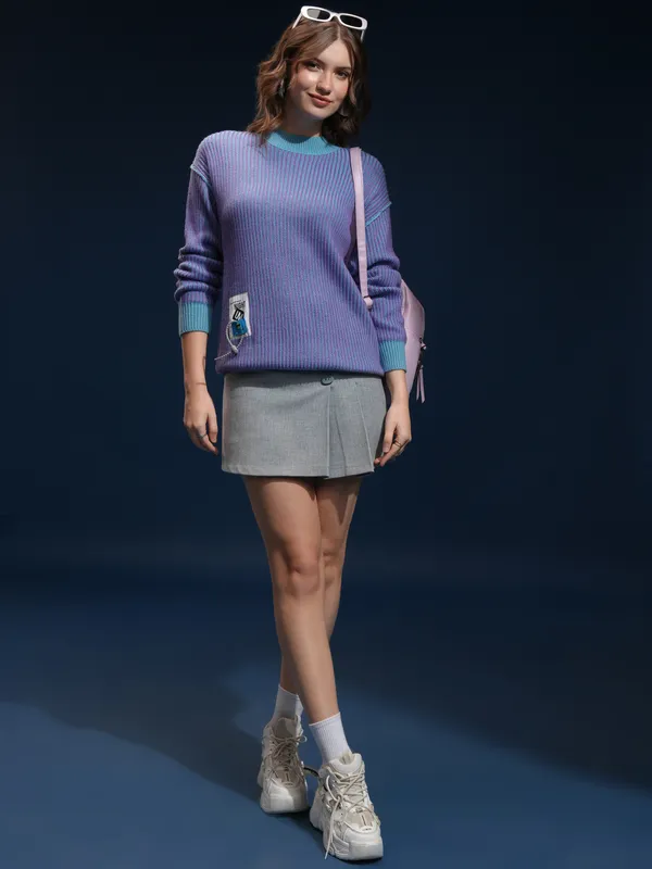 Tokyo Talkies Women Purple Round Neck Sweater