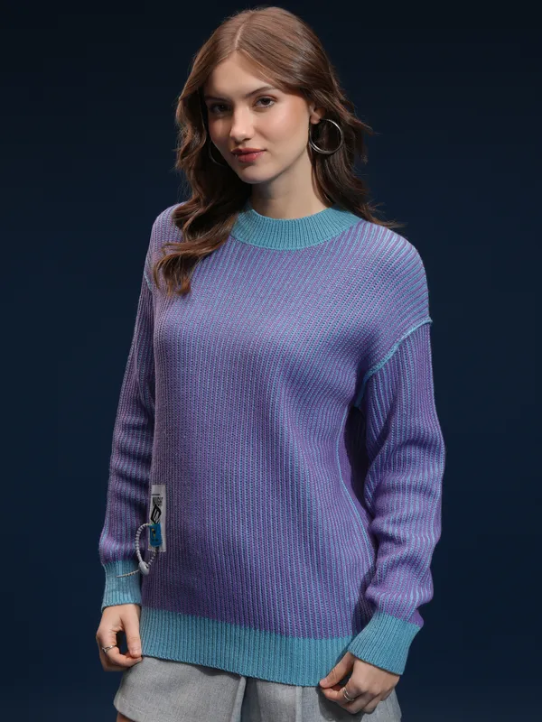 Tokyo Talkies Women Purple Round Neck Sweater