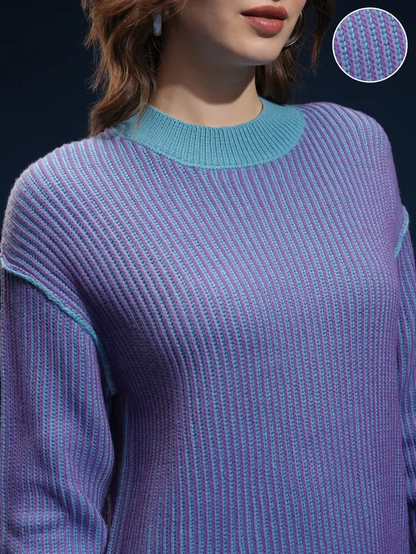 Tokyo Talkies Women Purple Round Neck Sweater
