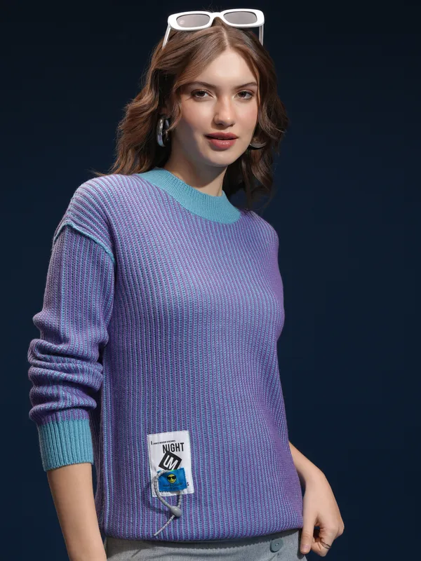 Tokyo Talkies Women Purple Round Neck Sweater