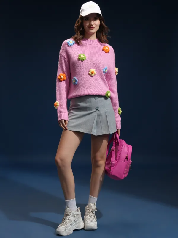 Tokyo Talkies Women Pink Round Neck Sweater