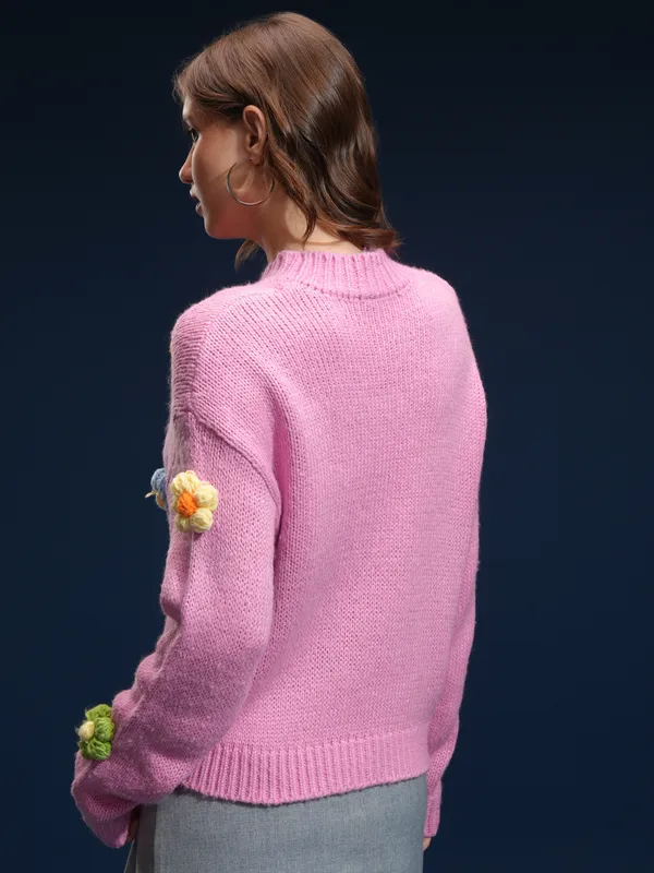 Tokyo Talkies Women Pink Round Neck Sweater