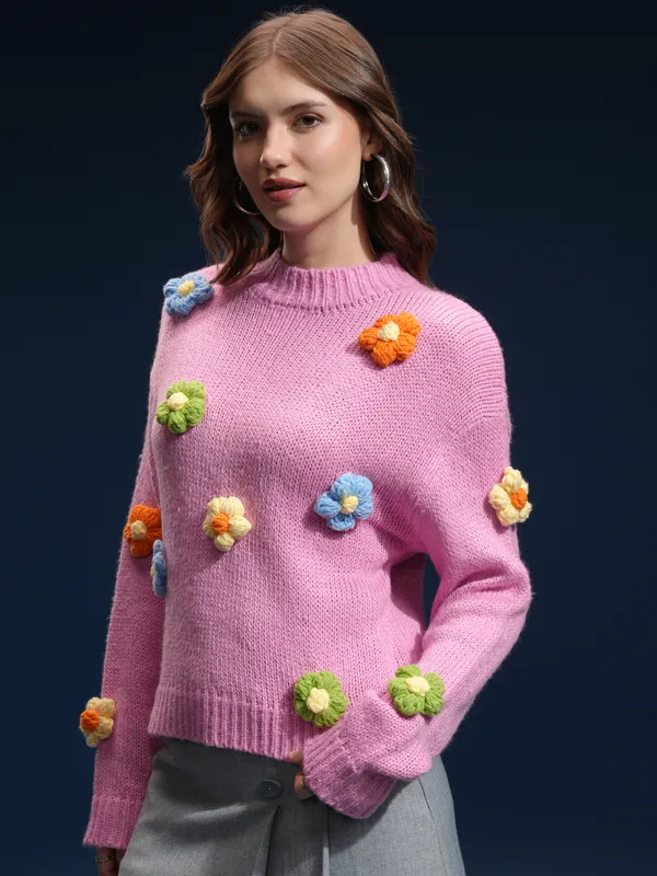 Tokyo Talkies Women Pink Round Neck Sweater