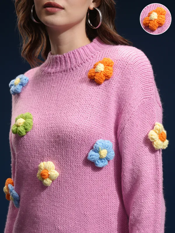Tokyo Talkies Women Pink Round Neck Sweater