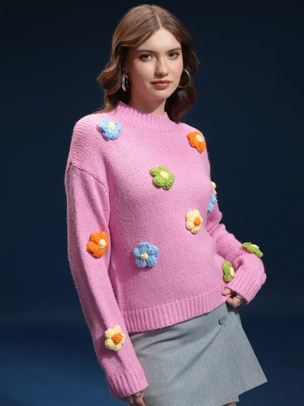 Tokyo Talkies Women Pink Round Neck Sweater