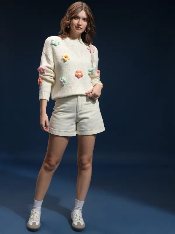 Tokyo Talkies Women Cream Round Neck Sweater