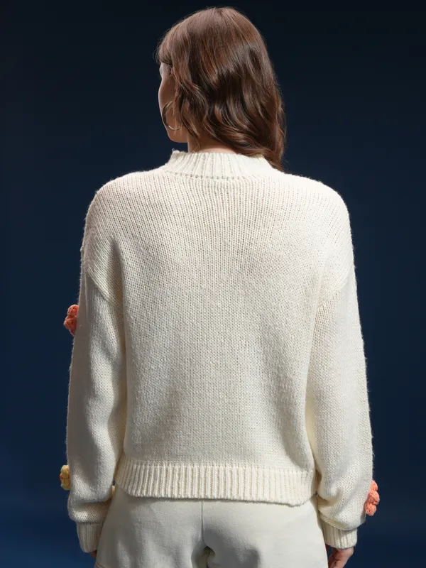 Tokyo Talkies Women Cream Round Neck Sweater