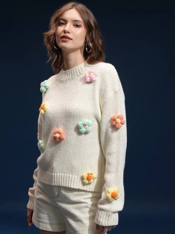 Tokyo Talkies Women Cream Round Neck Sweater