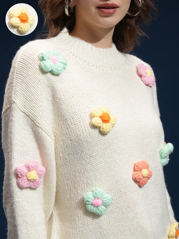 Tokyo Talkies Women Cream Round Neck Sweater
