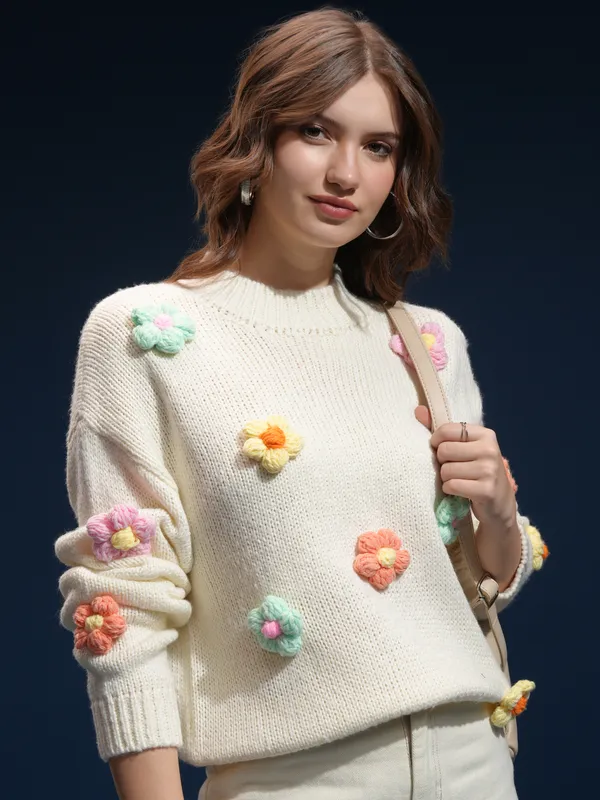 Tokyo Talkies Women Cream Round Neck Sweater