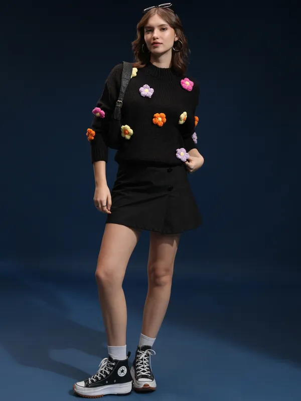 Tokyo Talkies Women Black Round Neck Sweater