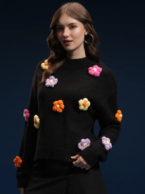 Tokyo Talkies Women Black Round Neck Sweater