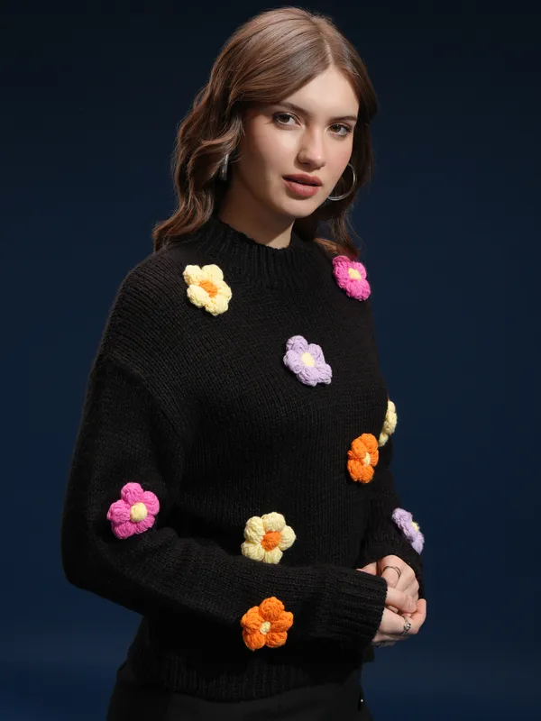 Tokyo Talkies Women Black Round Neck Sweater
