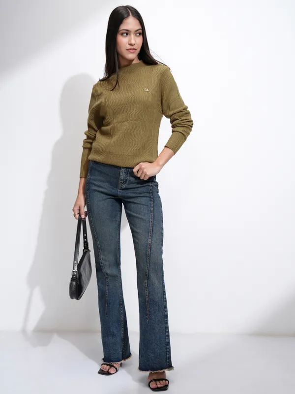 Tokyo Talkies Women Brown Mock Collar Sweater